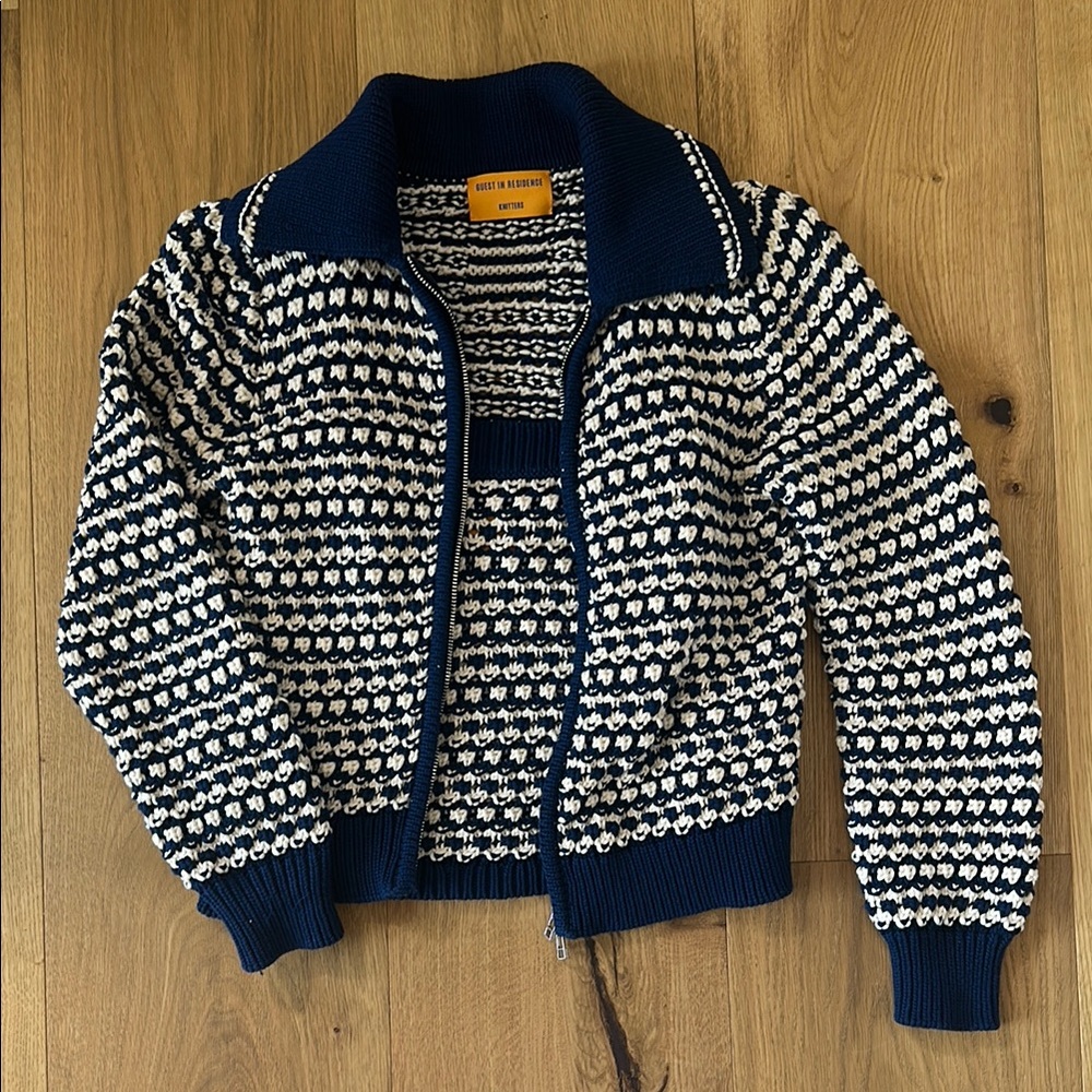 Blue and White Zip Up Twinset with Ribbed Trim